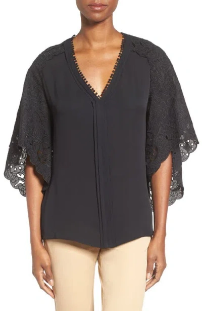 Kobi Halperin 'marielle' Eyelet Embroidered Silk Butterfly Sleeve Blouse In Black