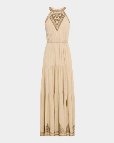 Kobi Halperin Paige Beaded Tiered Halter Maxi Dress In Neutral