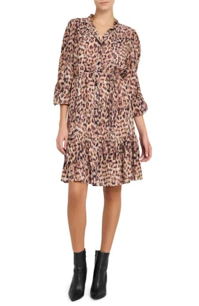 Kobi Halperin Print Tie Waist Long Sleeve Dress In Brown