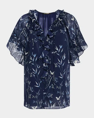 Kobi Halperin Prism Floral-print Ruffle Blouse In Indigo Multi