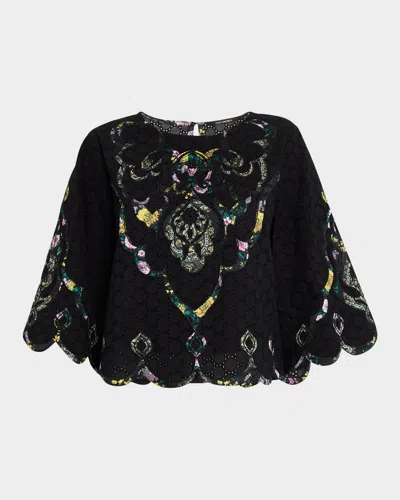 Kobi Halperin Ramona Scalloped Eyelet Applique Blouse In Black Multi