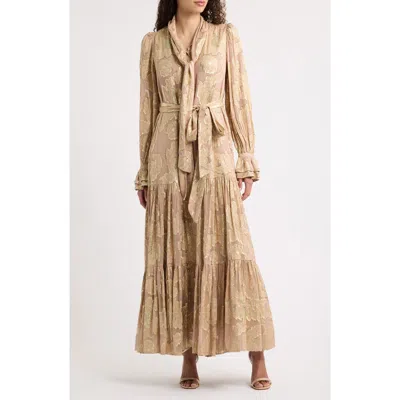 Kobi Halperin Rian Metallic Jacquard Tie Waist Long Sleeve Maxi Dress In Neutral