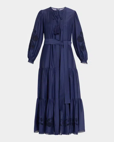Kobi Halperin Shanice Tiered Floral-embroidered Maxi Dress In Indigo