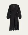 Kobi Halperin Sigal Embroidered Lace-inset Midi Wrap Dress In Black