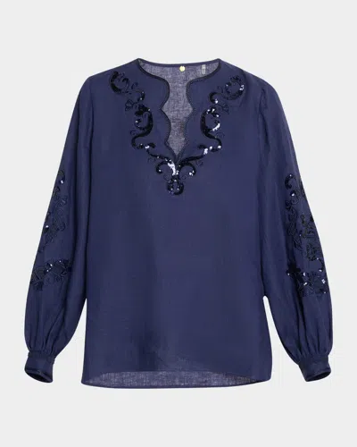 Kobi Halperin Soraya Sequin Embroidered Linen Blouse In Indigo