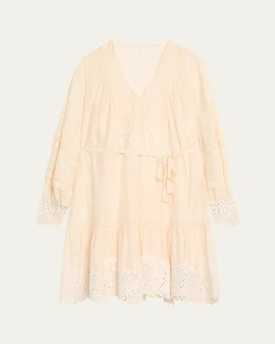 Kobi Halperin Sykora Embroidered Long-sleeve Belted Dress In Ecru