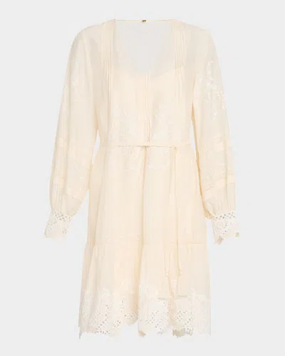 Kobi Halperin Sykora Embroidered Long-sleeve Belted Dress In Ecru