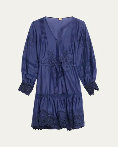 Kobi Halperin Sykora Embroidered Long-sleeve Belted Dress In Indigo