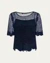 Kobi Halperin Sylvs Floral Crochet Rosette Net Blouse In Blue