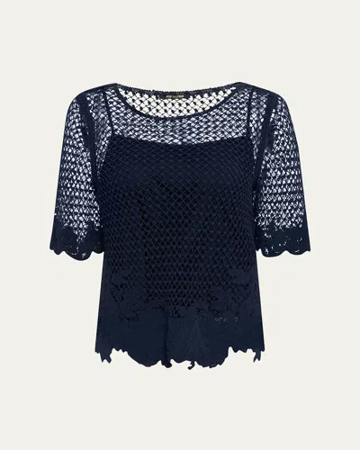 Kobi Halperin Sylvs Floral Crochet Rosette Net Blouse In Blue