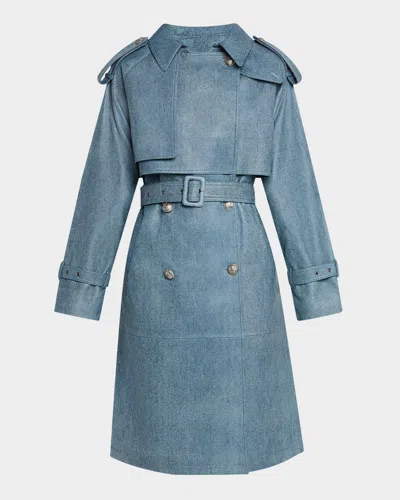 Kobi Halperin Tash Denim-print Leather Trench Coat In Blue