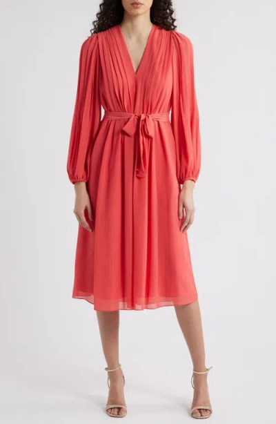 Kobi Halperin Tatum Pleated Tie Waist Long Sleeve Dress In Poppy
