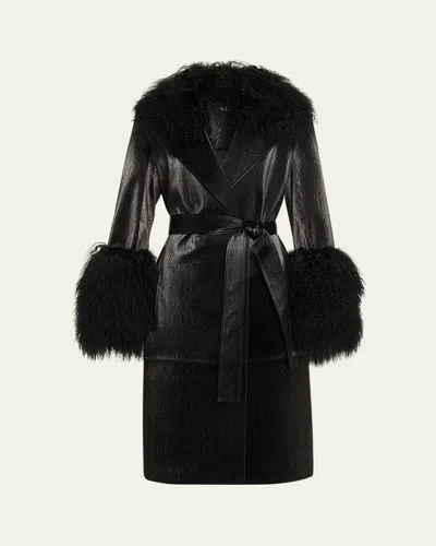 Kobi Halperin Viv Crinkled Shearling-trim Coat In Black