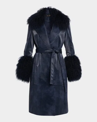 Kobi Halperin Viv Crinkled Shearling-trim Coat In Blue