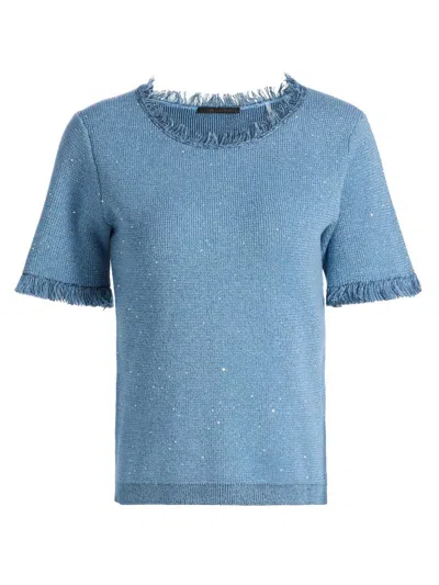 Kobi Halperin Women's Kate Fray-trim Short-sleeve Linen-blend Sweater In Blue