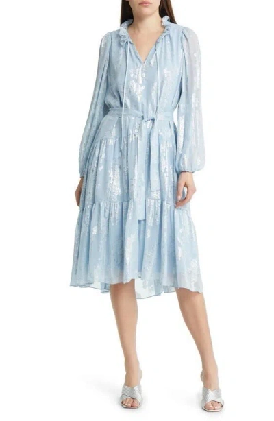 Pre-owned Kobi Halperin Women's M Kathryn Tiered Metallic Jacquard Midi Dress $698 In Sky Mist Silver