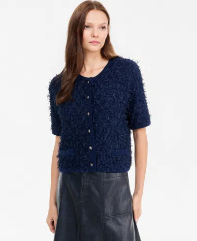 Kobi Halperin Women's Mabel Short-sleeve Crewneck Eyelash-knit Cardigan, Macy's Exclusive In Blue