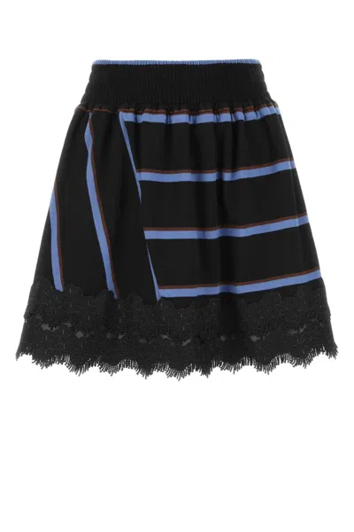KOCHÉ BLACK LACE-HEM STRIPED MINI SKIRT