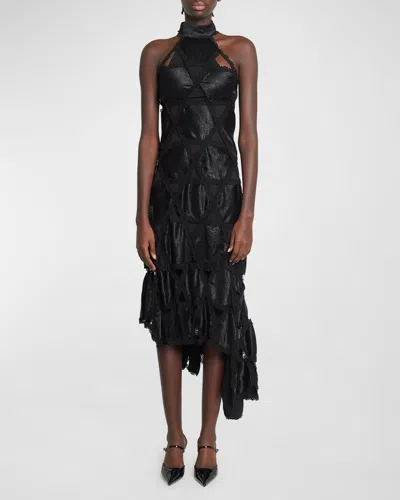 Koché Multi-texture Asymmetric Midi Dress In Black