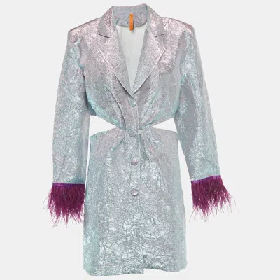 Pre-owned Koh Sui Metallic Lurex Button Front Feather Detail Cut-out Mini Dress M In Silver