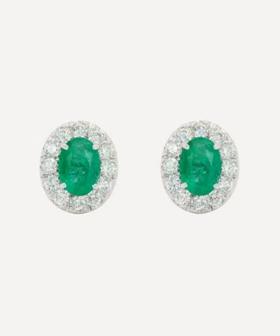Kojis 18ct White Gold Emerald And Diamond Halo Cluster Stud Earrings
