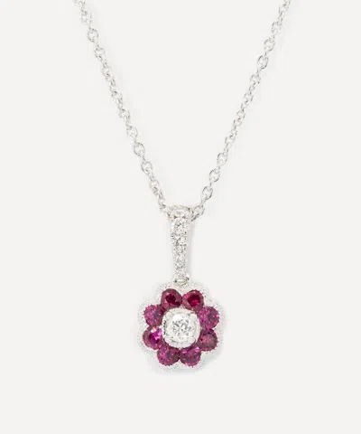 Kojis 18ct White Gold Ruby And Diamond Flower Cluster Pendant Necklace