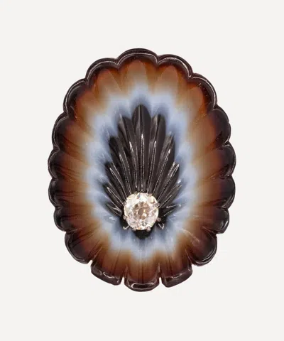 Kojis 9ct Gold Antique Carved Agate And Diamond Shell Brooch