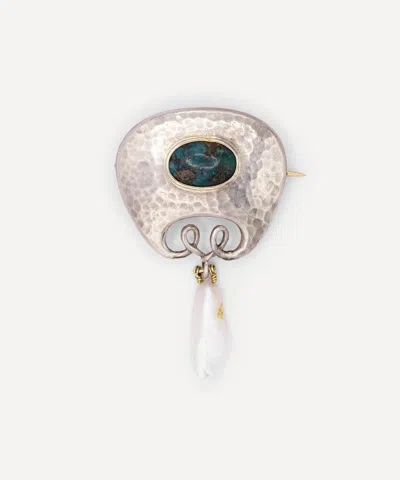 Kojis Silver Arts And Crafts Turquoise And Pearl Brooch In Metallic