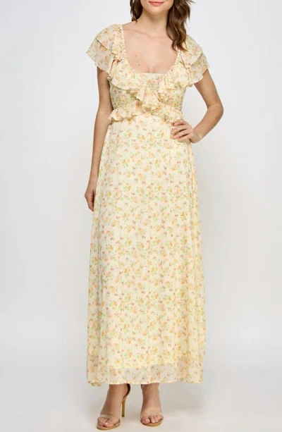 Koko + Mason Floral Tie Back Ruffle Maxi Dress In Ecru