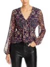 Koko + Mason Womens Tie Front Printed Peplum Top In Blue