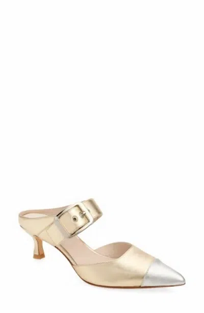 Koko + Palenki Women's Paloma Pointed Cap Toe Kitten Heel Mule In Gold Metallic Leather