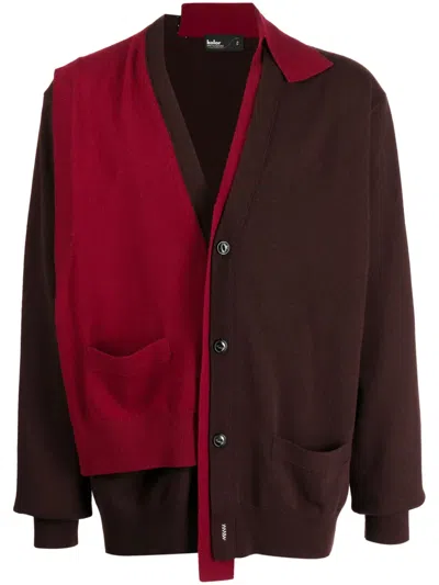 Kolor Patchwork Wool Cardigan In Red