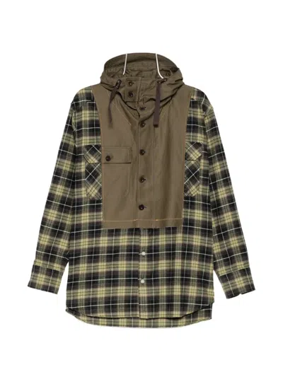 Kolor Check-pattern Patchwork Shirt In Green