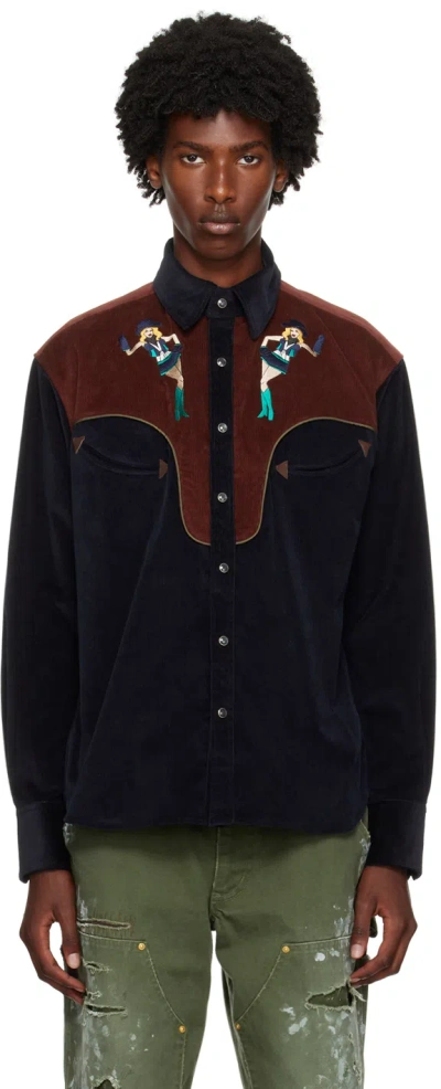 Kolor Navy & Brown Western Shirt In C-navy