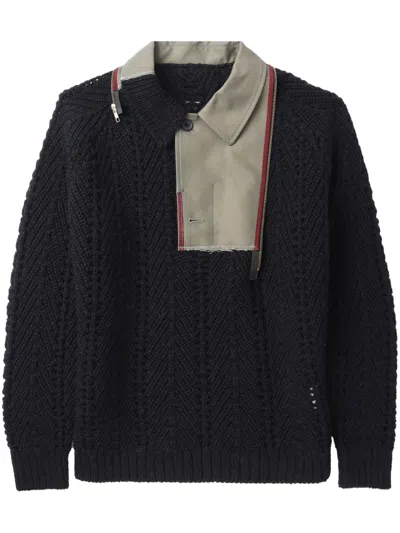 Kolor Patchwork Pointelle-knit Jumper In Blue