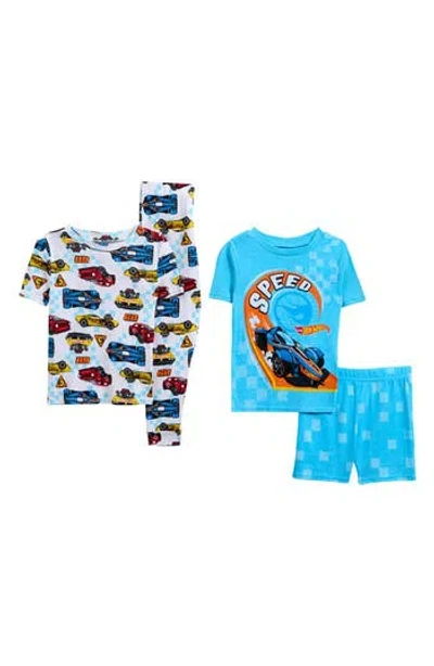 Komar Kids' Hot Wheels 4-piece Pajamas Set In Blue/white