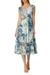 Komarov Abstract Floral  Charmuese Dress With Lace Cap Sleeve In Blue
