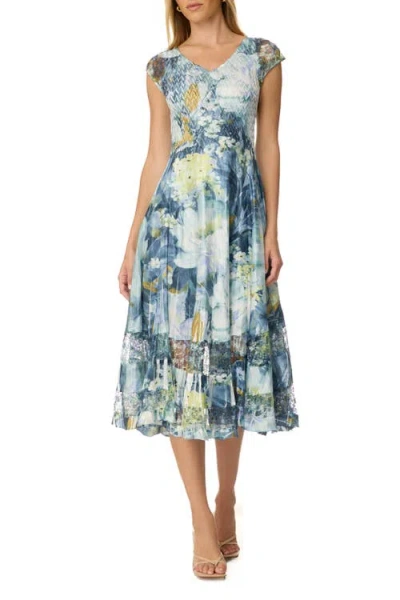 Komarov Abstract Floral  Charmuese Dress With Lace Cap Sleeve In Blue