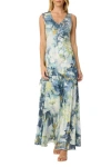 Komarov Abstract Floral Ruffle Long Dress In Green