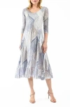 Komarov Abstract Print Charmeuse & Lace Cocktail Midi Dress In Lapis Leaf