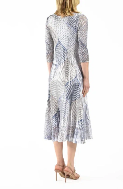 Komarov Abstract Print Charmeuse & Lace Cocktail Midi Dress In Lapis Leaf