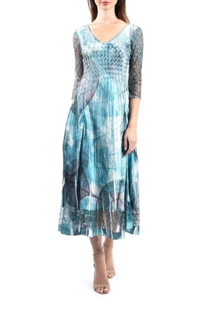 Komarov Abstract Print Charmeuse & Lace Cocktail Midi Dress In Rainforest