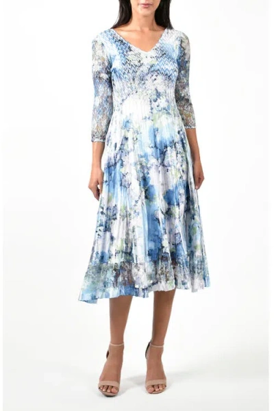 Komarov Blue Watercolor Print Charmuese 3/4 Sleeve Dress In Pattern