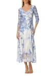 Komarov Border Print Charmuese Dress With Lace Sleeves In Blue