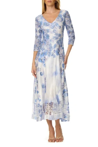 Komarov Border Print Charmuese Dress With Lace Sleeves In Blue