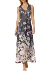Komarov Border Print Chiffon And Chrarmeuse Long Dress In Gray