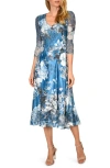 Komarov Charmeuse & Chiffon A-line Dress In Azure Bouquet