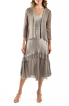 Komarov Charmeuse & Chiffon Cocktail Dress With Jacket In Oyster Smoke Ombre