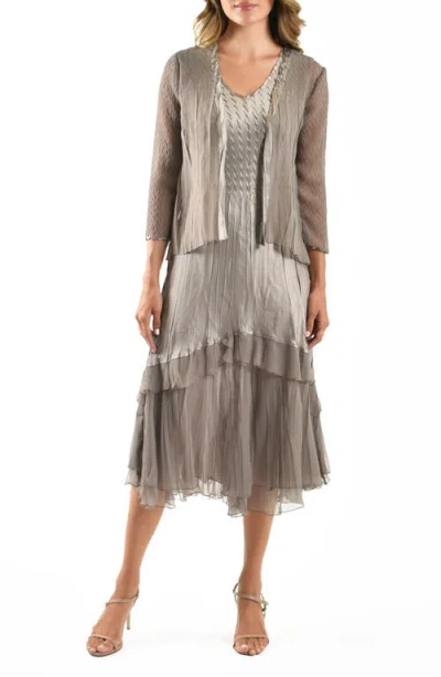Komarov Charmeuse & Chiffon Cocktail Dress With Jacket In Oyster Smoke Ombre