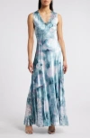 Komarov Charmeuse & Chiffon Maxi Cocktail Dress In Everglade Sky